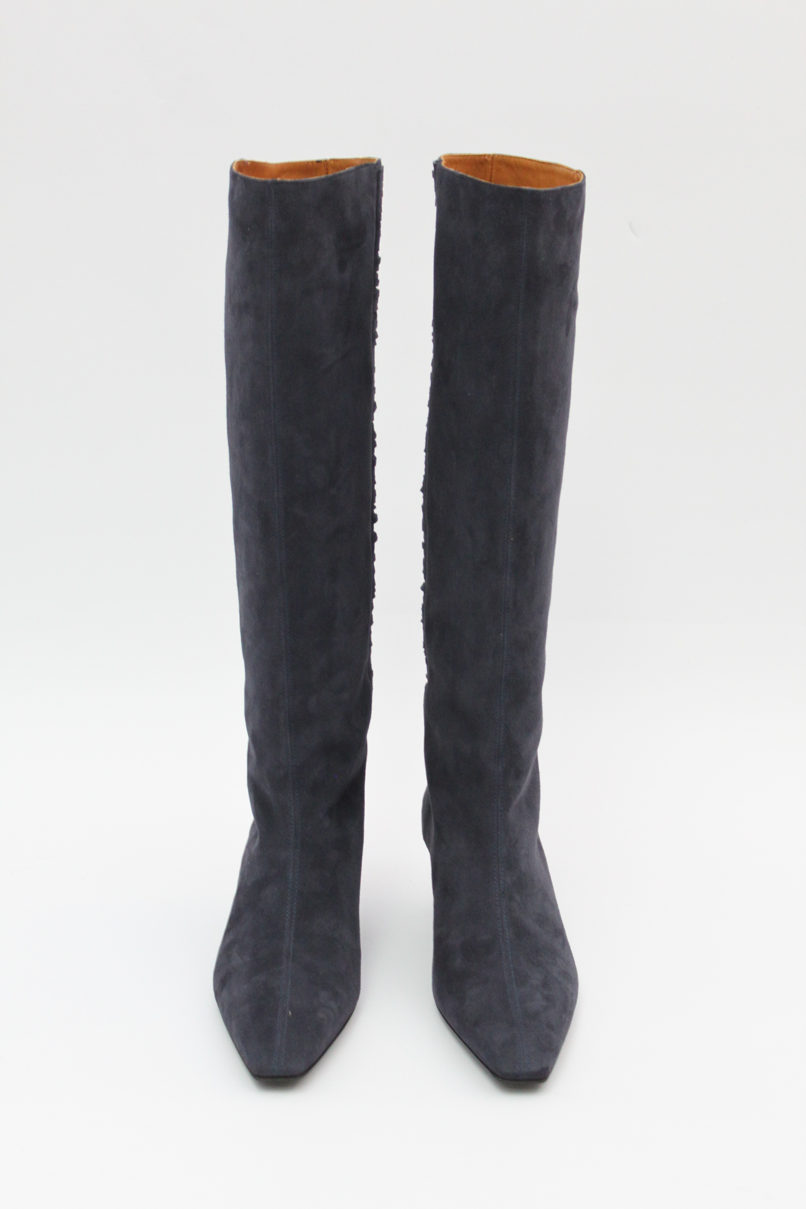 Сапоги на низком каблуке с бахромой по голенищу (сине-серая замша), фото 1